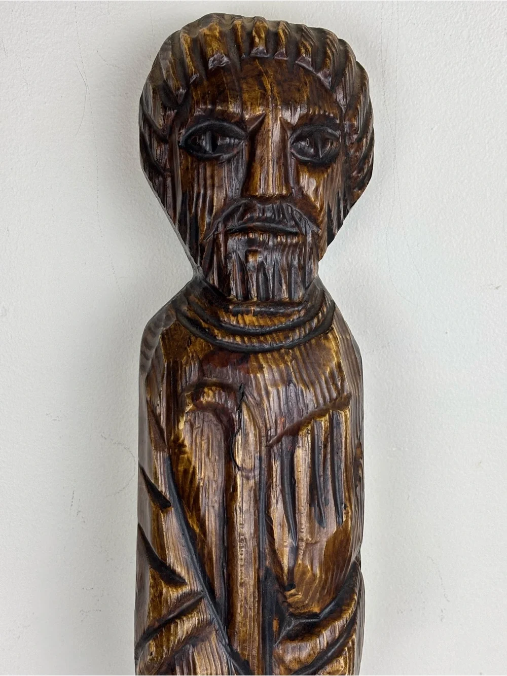 Vintage Saint Figure, Santos Sculpture, wall hanging, wood-look paper mache Monk